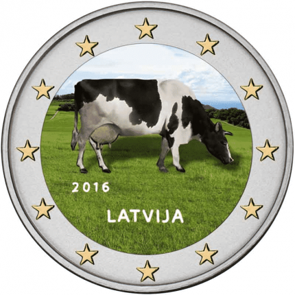 Цветная монета 2 евро. Латвия. Корова.