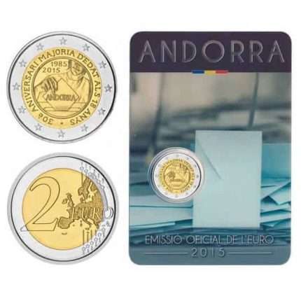 2 euroa 2015. Andorra. 30 vuotta päivästä, jona 18-vuotiaat miehet ja naiset julistetaan täysi-ikäisiksi ja ehdokkaiksi