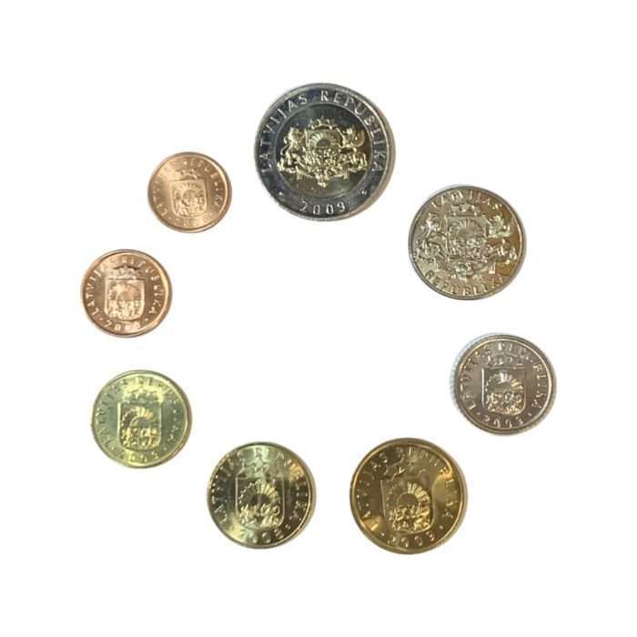 LV reverse Läti latt – 8 mündist koosnev komplekt UNC - Image 2