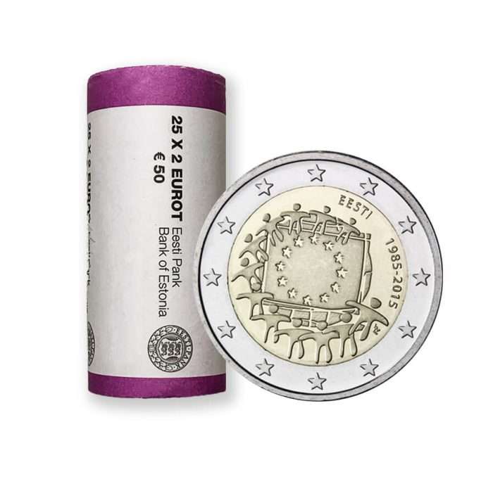 РОЛЛ. 2 евро 2015 года. Эстония - 30 лет флагу Европейского Союза — изображение 1