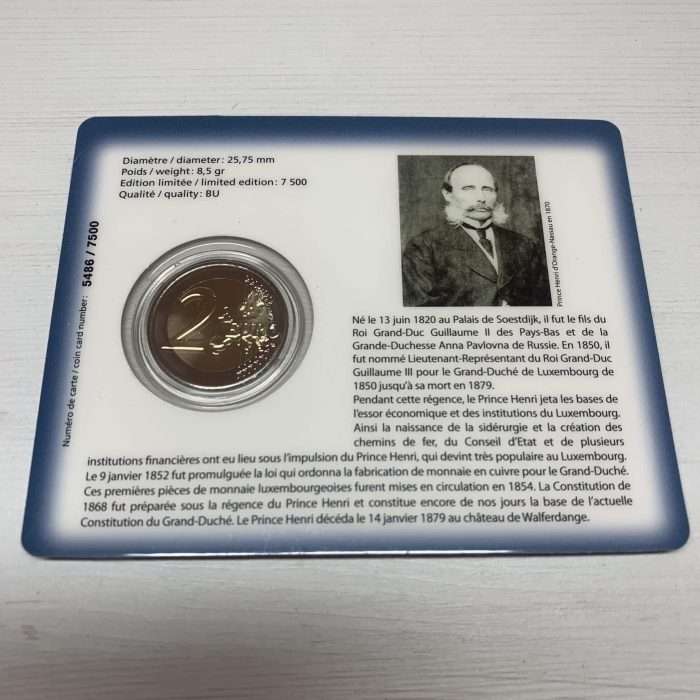 2 euro Luxembourg 2020a. rahapaja märgisega (BU) mündikaart  – Hendrik van Oranje-Nassau 200. Sünniaastapäev - Image 2