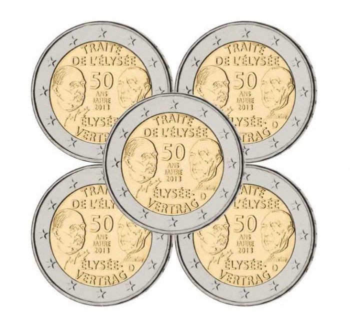 2 euros 2013. Alemania. 50 años del acuerdo de amistad y cooperación francoalemana (A,D,F,G,J) - Imagen 1