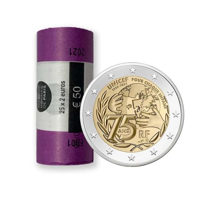 coins-rolls5114545 2 euroa 2021 Ranska-75 vuotta Unicefin perustamisesta. ROLL - Image 1