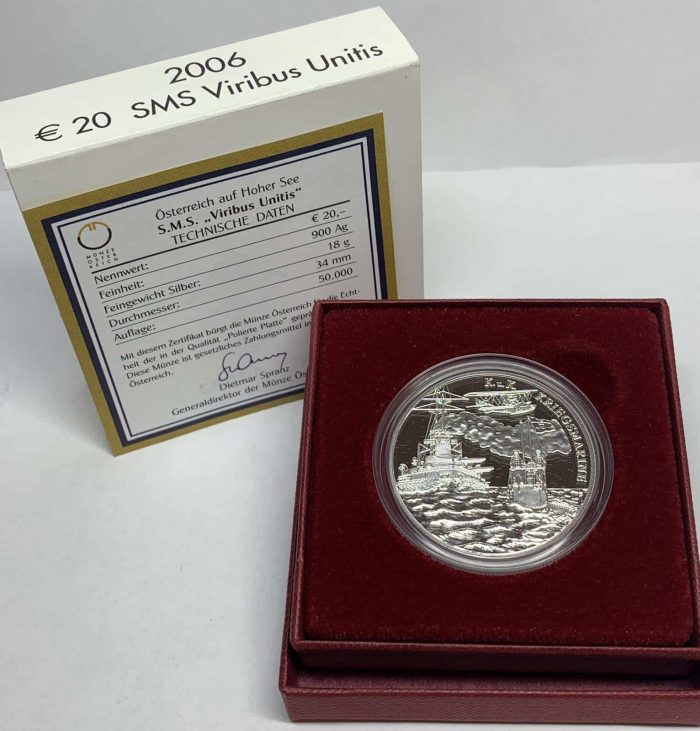 A silver coin. Austria (20€). The Austrian fleet - SMS Viribus Unitis 2006 - Image 4