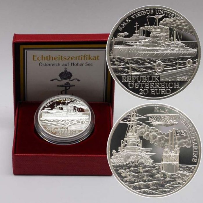 A silver coin. Austria (20€). The Austrian fleet - SMS Viribus Unitis 2006 - Image 2