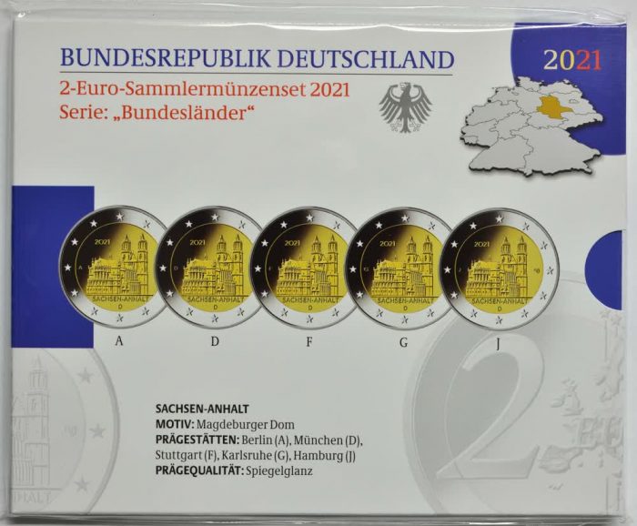 2 евро 2021 года Германия - Саксония-Анхальт: Магдебургский собор PROOF (A,D,F,G,J) — изображение 1