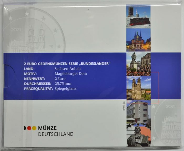2 евро 2021 года Германия - Саксония-Анхальт: Магдебургский собор PROOF (A,D,F,G,J) — изображение 2