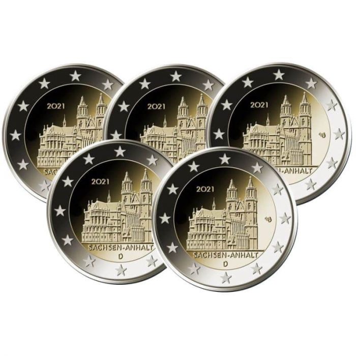 2 евро 2021 года Германия - Саксония-Анхальт: Магдебургский собор PROOF (A,D,F,G,J) — изображение 3