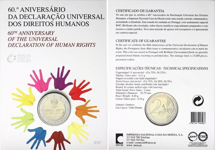 Португалия 2008 Декларация 2 euro 2008. Portugal. 60th anniversary of the Universal Declaration of Human Rights BU - Image 2