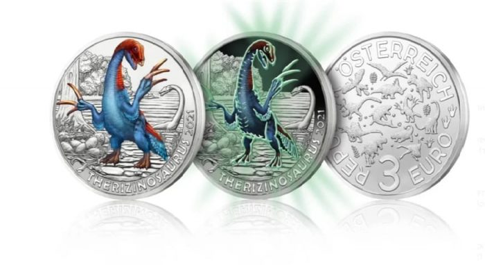 Австрия 3 евро цветная серия. Динозавры - 2021 г. Теризинозавр — изображение 3