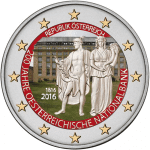 Värillinen 2 euron kolikko 2016 Itävallassa - keskuspankin 200. vuosipäivä