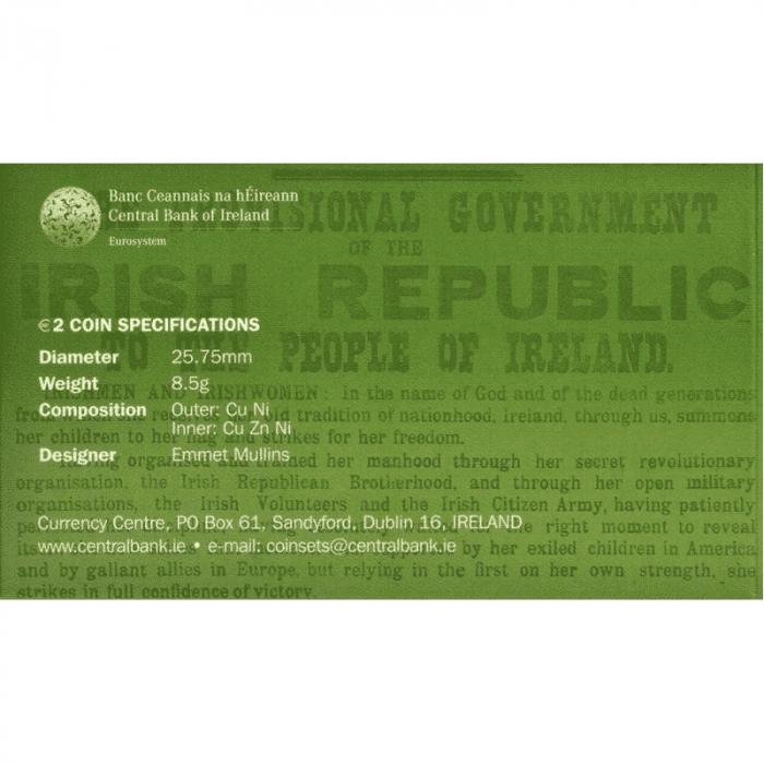 irlanti-2-euro-2016-100.vuotis-Irlannin tasavallan julistuksen vuosipäivä1 2 euroa 2016 Irlanti - 100 vuotta Hibernian pääsiäisen noususta - Image 2