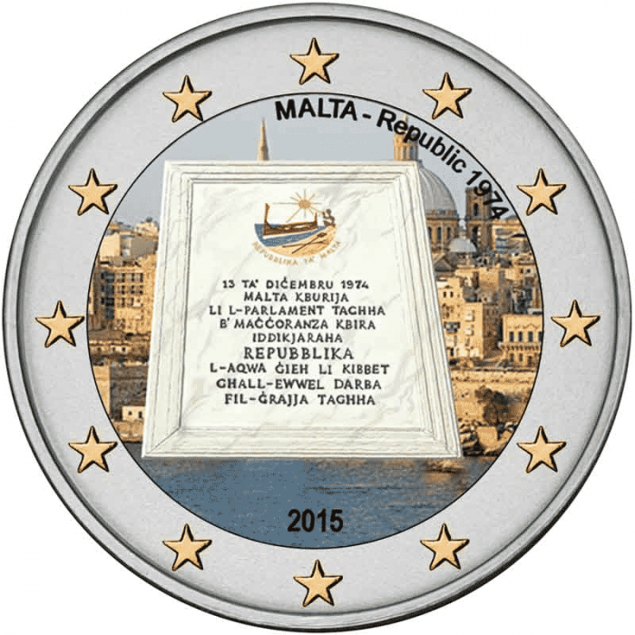 Moneta 2 euro colorata Malta 2015 - Repubblica 1974 - immagine 1