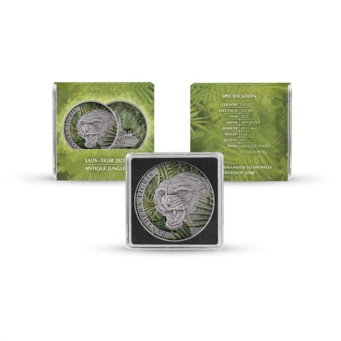 500 kip hõbe värvitatud münt Laos 2021 – Laose tiiger - Image 3