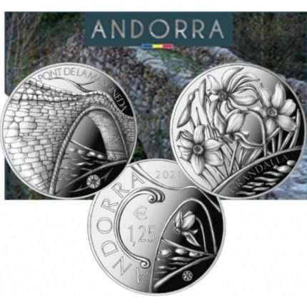 1.25 euro Andorra 2021 coin pair - White Narcissus and La Margineda Bridge