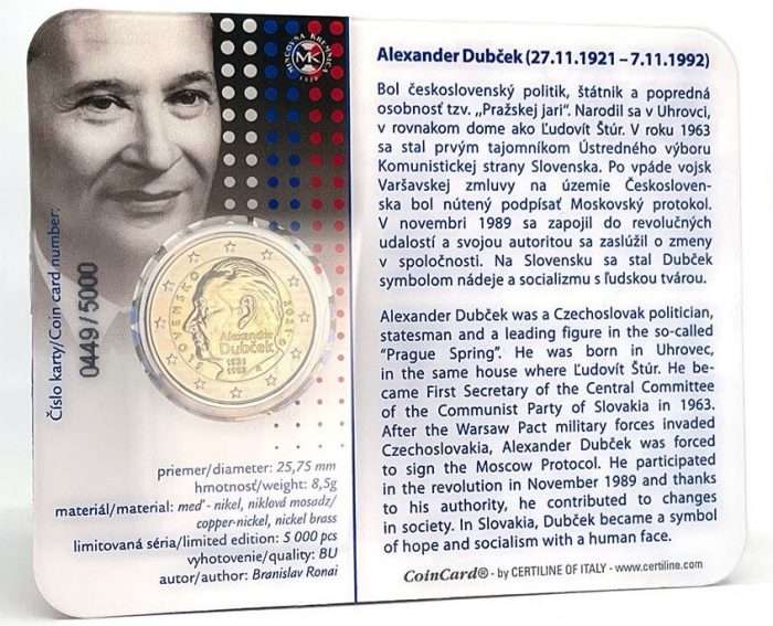 2 euro 2021 Slovacchia su tessera BU - 100 anni dalla nascita di Alexander Dubček - immagine 2