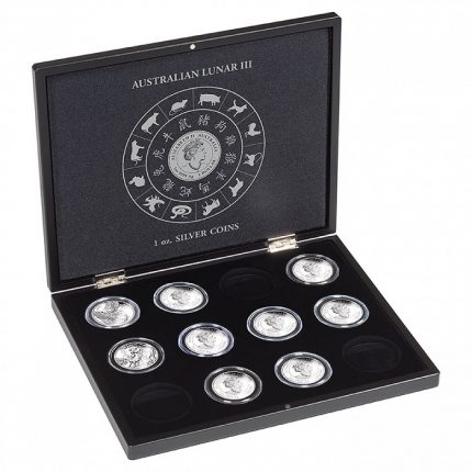 Esityskotelo Australian Lunar Series 3 hopeakolikoiden kapseleissa, musta