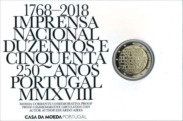 2 euros 2018 Portugal - 250 aniversario de la imprenta nacional PROOF - Imagen 2