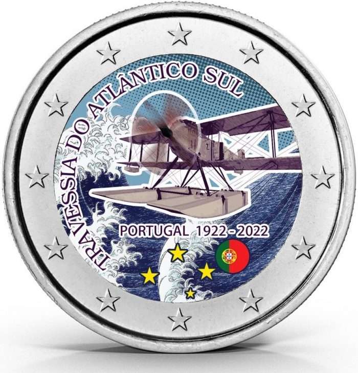 Цветная монета 2 евро Португалия 2022 - 100-летие первого южноатлантического воздушного перехода — изображение 1