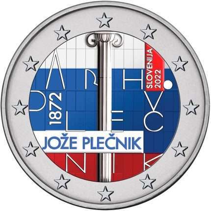 Colored coin 2 euro Slovenia 2022 - 150th birth anniversary of architect Jože Plečnik