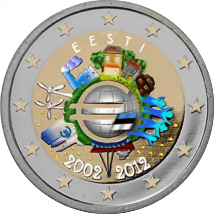Moneta colorata 2 euro Estonia 2012 - 10 anni di euro in circolazione