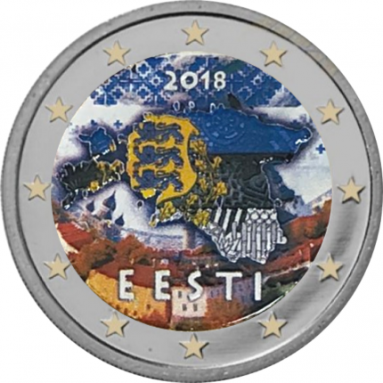 Värillinen 2 euron kolikko Viro 2018 - Viron kartta vaakunalla (säännöllinen numero)