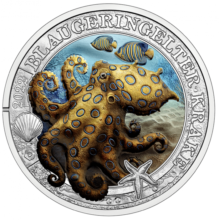 Värviline 3-eurone münt Austria 2022 – Helendav mereelu "Siniring-kaheksajalg" - Image 1