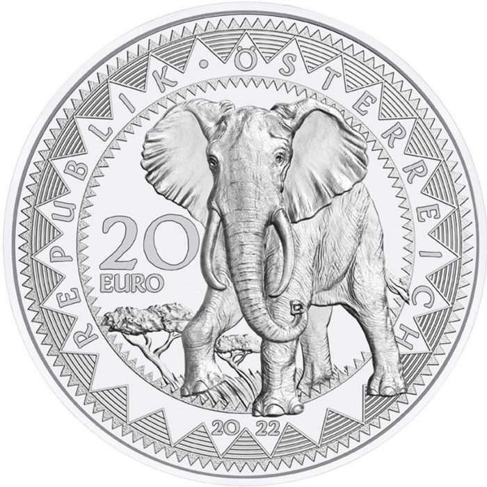 20 euron hopearaha Itävalta 2022 - Maailman silmät "Afrikka - Elefantin seesteisyys" - Image 2