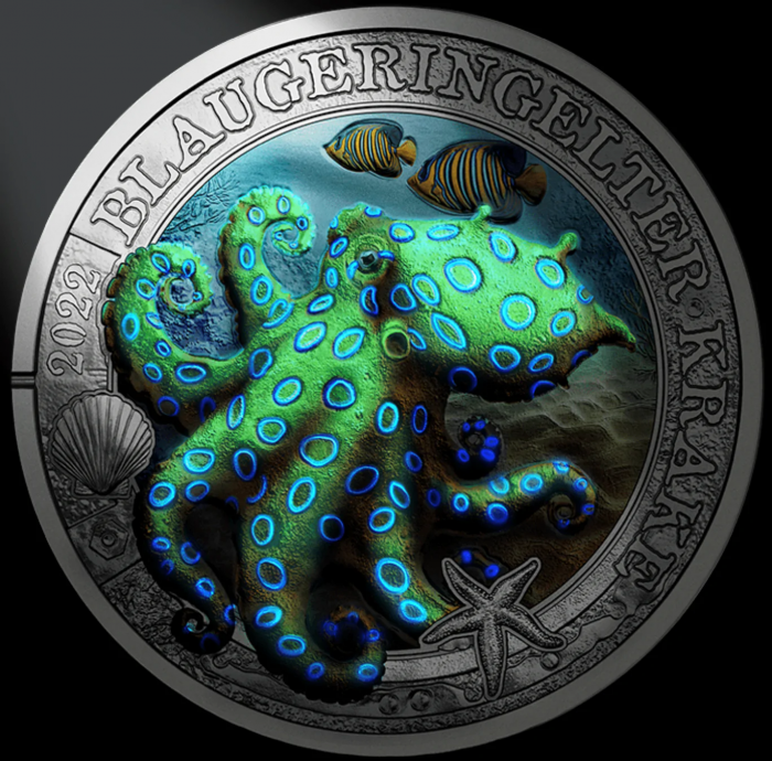 Värviline 3-eurone münt Austria 2022 – Helendav mereelu "Siniring-kaheksajalg" - Image 2