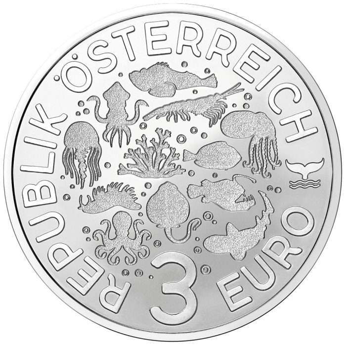 Moneda 3 Euro Color Austria 2023 – Vibrante Vida Marina “Tiburón Hinchado” - Imagen 2