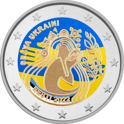 Цветная монета 2 евро Эстония 2022 — Украина и Свобода (желто-синие руки)
