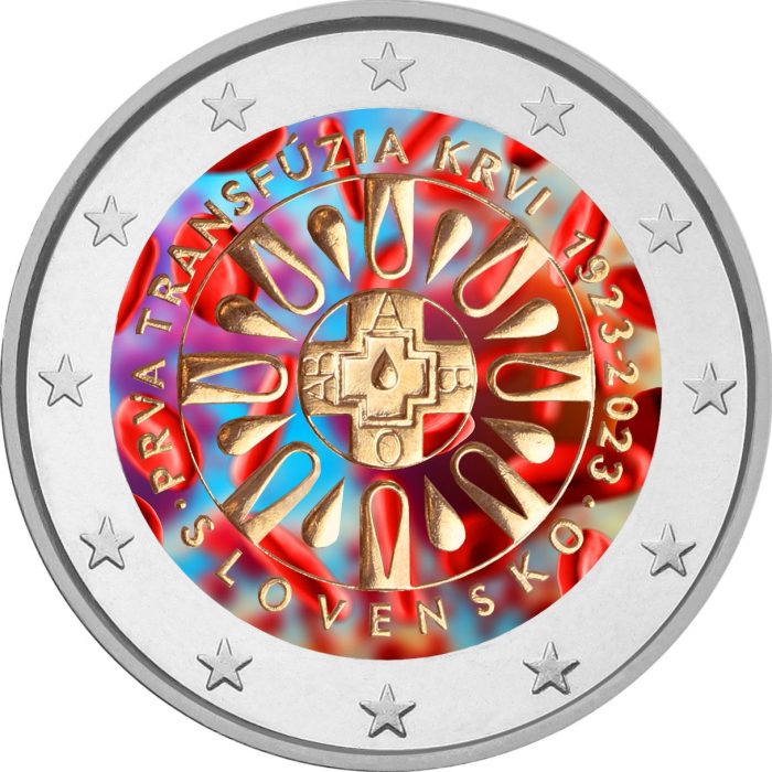 Moneda de color 2 euro Eslovaquia 2023 - 100 años de la primera transfusión de sangre en Eslovaquia - Imagen 1