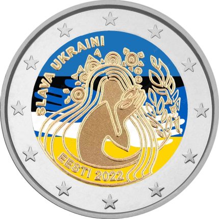 Цветная монета 2 евро Эстония 2022 - Украина и Свобода (два флага)