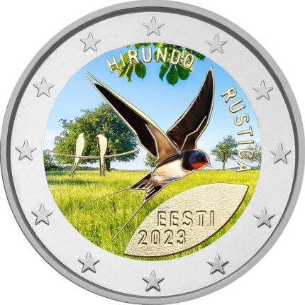 Цветная монета 2 евро Эстония 2023 - Деревенская ласточка (пейзаж)