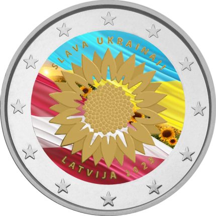 Moneta colorata 2 euro Lettonia 2023 - Girasole (due bandiere)