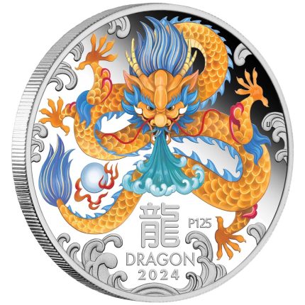 Цветная серебряная монета 1$ Австралия 2024 — Год Дракона 1 oz BU (желтый)