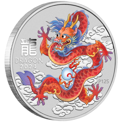 Цветная серебряная монета 1$ Австралия 2024 — Год Дракона 1 oz BU (красный)