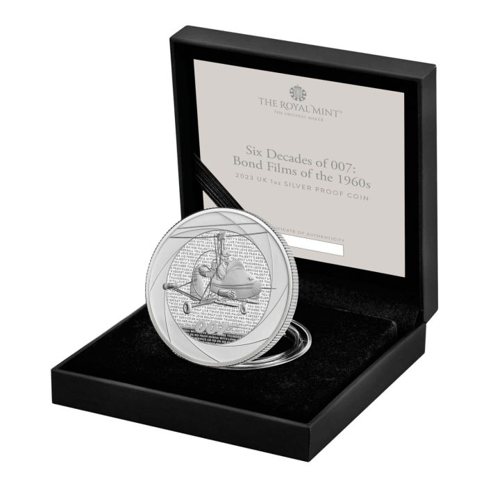 uk23b6sc----2023-bond-films-of-the-60s-uk-1oz-silver-proof-coin-reverse-case-left-1500x1500-f3a2c67 Silver Coin 2 pounds UK 2023 – Six Decades of 007: 1960s Bond Films Proof - Image 1
