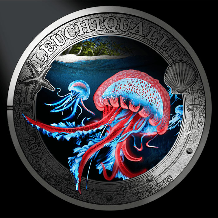 Цветная монета 3 евро Австрия 2024 — Яркая Морская Жизнь “Пурпурная медуза” — изображение 3