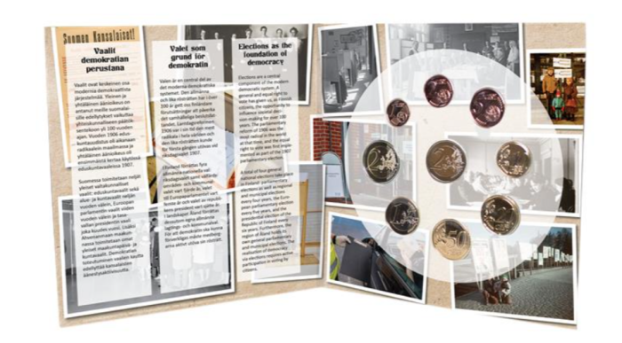 Finland set 2024 - 1 Банковский набор евро монет 2024 Финляндия BU + 2 евро Выборы и Демократия — изображение 2