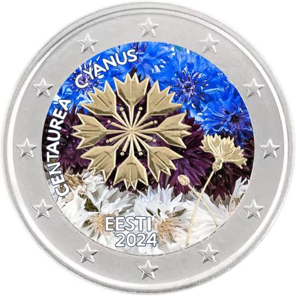 Moneta colorata 2 euro Estonia 2024 – Fiordaliso (bandiera)