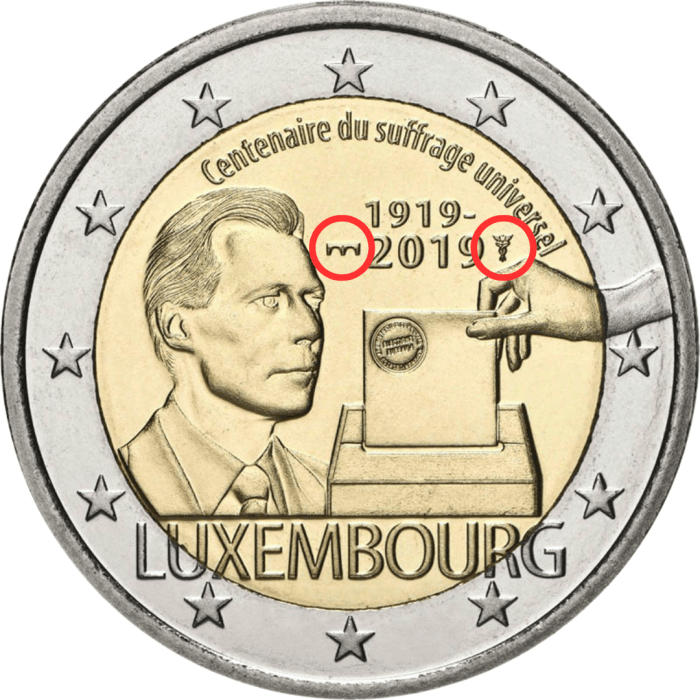 2 euros Luxemburgo 2019 – 100.º aniversario del derecho de voto universal (Bridge mintmark) - Imagen 1