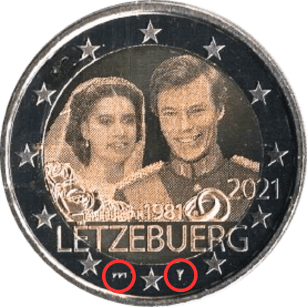 2 euros Luxembourg 2021 - 40 years since the wedding of Grand Duke Henri and Grand Duchess Marie-Theresa (photo version, Bridge mintmark)