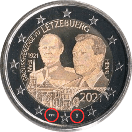 2 euroa Luxemburg 2021 - 100 vuotta suurherttua Jeanin syntymästä (kuvaversio, Bridge mintmark)