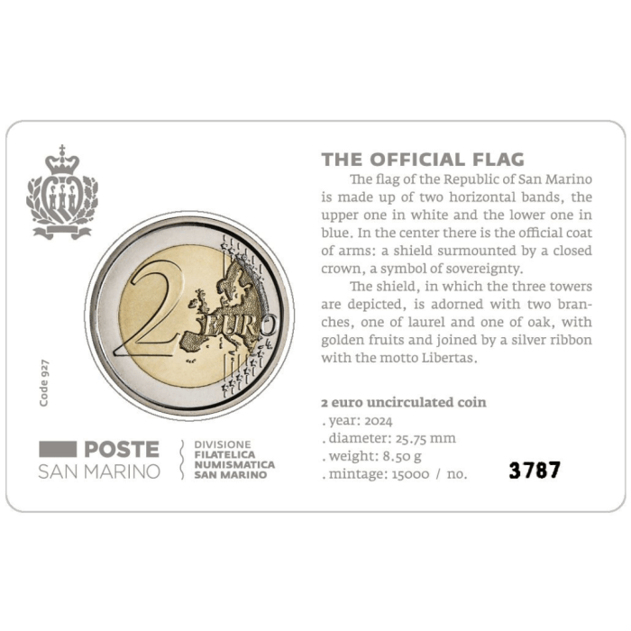 2 евро Сан-Марино 2024 регулярная монета в карточке – Флаг Республики — изображение 2