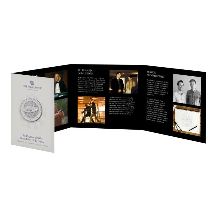 uk24b0bu---2024-bond-films-of-the-00s-uk-gbp5-brilliant-uncirculated-coin-pack-front-open-1500x1500-f3a2c67 5 pounds UK 2024 – Six decades of 007: the Bond films of the 2000s - Image 4