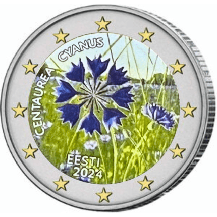 Цветная монета 2 евро Эстония 2024 – Василёк (поле)