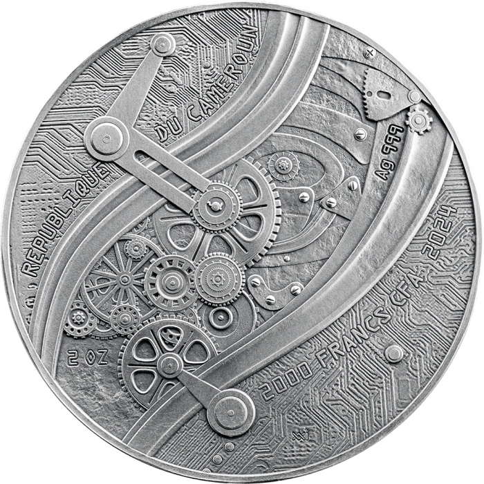 Moneda de plata colorada y dorada 2000 francos Camerún 2024 – Futuristas del pasado: Leonardo da Vinci - Imagen 2