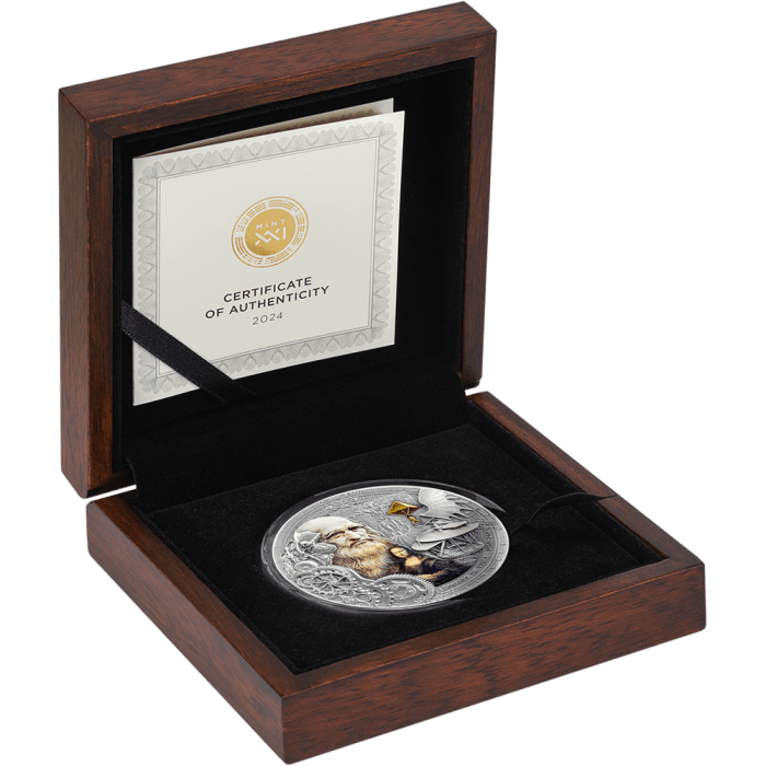 Moneda de plata colorada y dorada 2000 francos Camerún 2024 – Futuristas del pasado: Leonardo da Vinci - Imagen 5