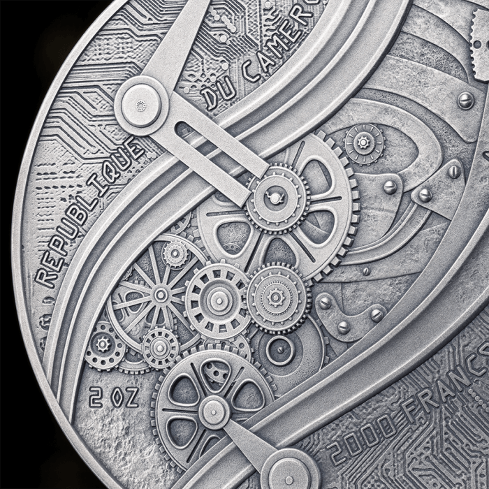 Moneda de plata colorada y dorada 2000 francos Camerún 2024 – Futuristas del pasado: Leonardo da Vinci - Imagen 4